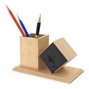 Ceas multifunctional de design cu efect de lemn - cu suport pentru creion