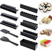 Set de preparare sushi, 2 spatule si 8 forme diferite, plastic, negru