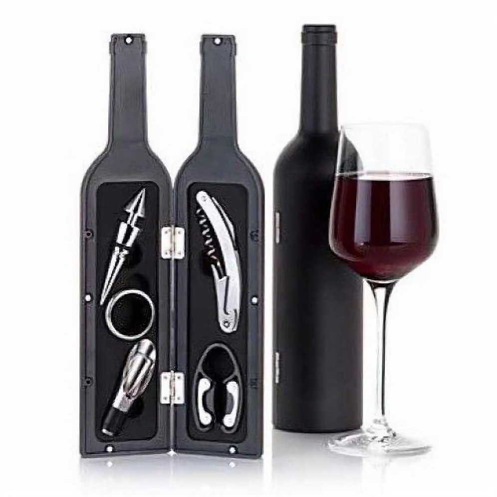 Set 5 accesorii pentru vin + cutie in forma de sticla